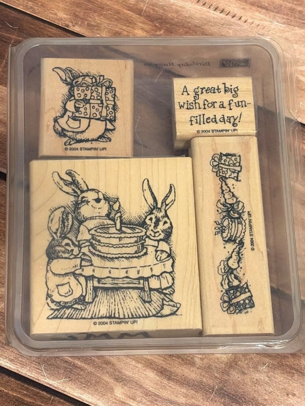 HTF 2004 STAMPIN' UP! BIRTHDAY BUNNIES WOOD MOUNTED RUBBER STAMP SET OF 4 EASTER